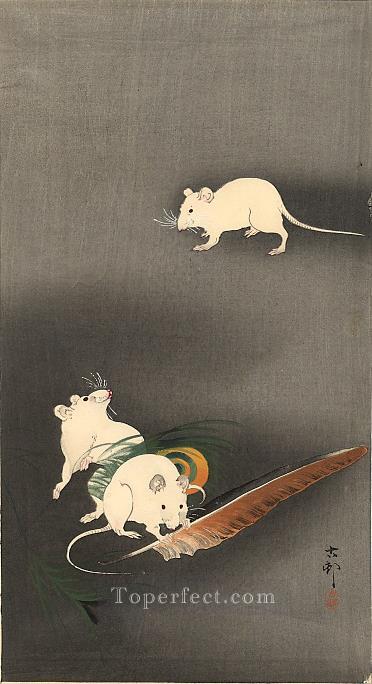 three white mice 1900 Ohara Koson animals Oil Paintings